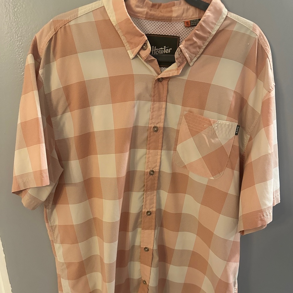 Howler Brothers orange and white Checkered Shirt xl button down short sleeve